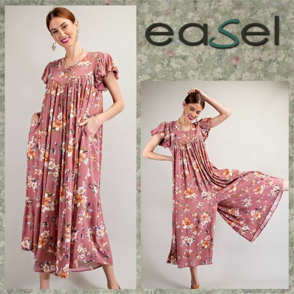 easel Pants - EASEL Flowy Oversized Ultra Wide Leg Romper Ruffled Bubble Sleeves Keyhole Back
